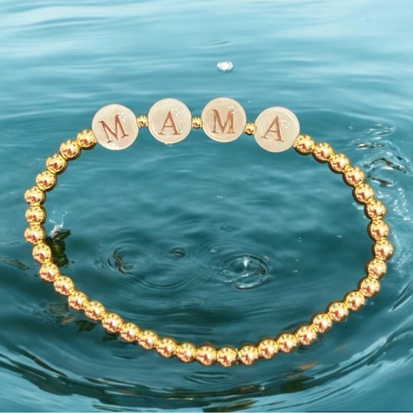 Baby child name bracelet gold beads stretch, customize, Mother of Pearl letters - Picture 6 of 8